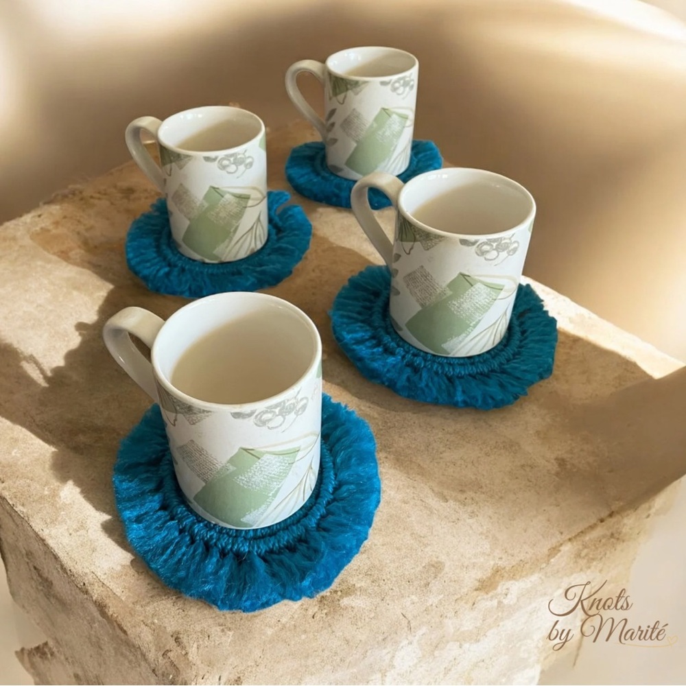 HANDMADE MACRAME COASTERS SET OF 4 - TEAL BLUE BOHO DRINK COASTERS